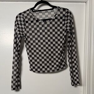 Black & White Checkered Long Sleeve Top Mesh